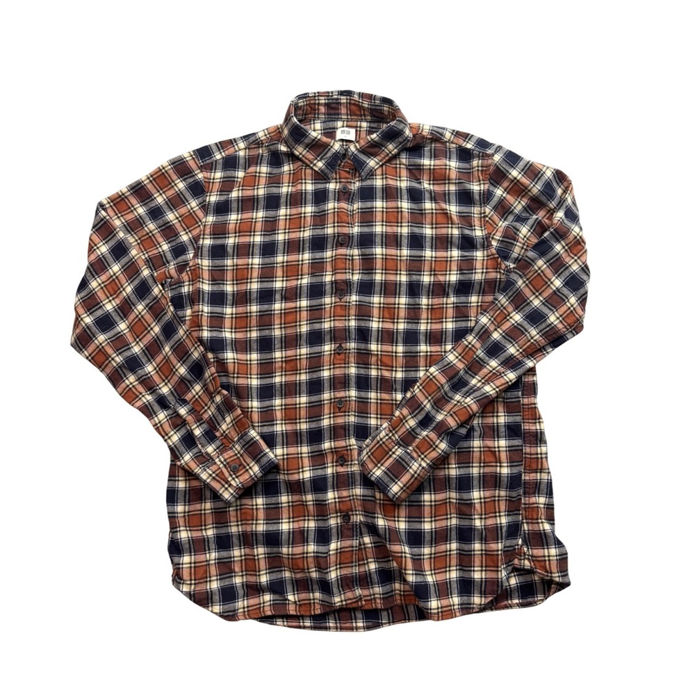 Uniqlo Women Brown Navy Blue Plaid Flannel Button Down Shirt Size M 402679